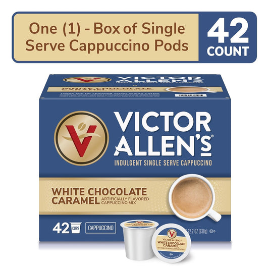 Victor Allen'S Coffee White Chocolate Caramel Flavored Cappuccino Mix, 42 Count, Single Serve Cups For Keurig K-Cup Brewers, Packaging May Vary