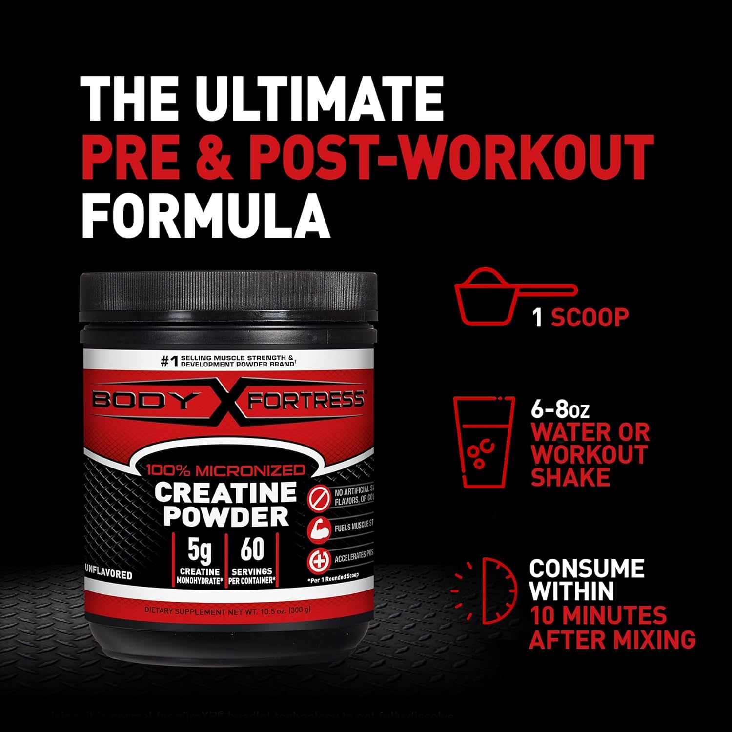 Body Fortress 100% Micronized Creatine Monohydrate Powder, 300G (60 Servings, 5G Scoop) – Unflavored Creatine Supplement For Muscle Strength, Power & Post-Workout Recovery : Health & Household