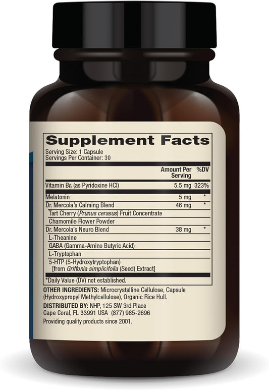 Dr. Mercola Sleep Support with Melatonin, 5 mg Melatonin Per Serving, 30 Servings (30 Capsules), Dietary Supplement, Supports Healthy Sleep and Mental Focus, Non-GMO