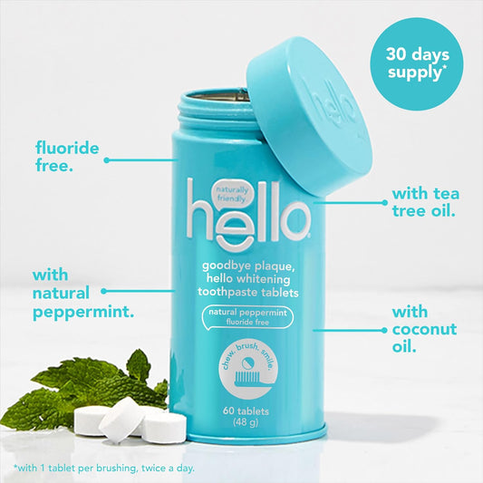 Hello Goodbye Plaque + Whitening Fluoride-Free Travel Toothpaste Tablets, Plastic-Free, Natural Peppermint, Vegan, Sls Free, Peroxide Free, 60 Tablets (48 G)