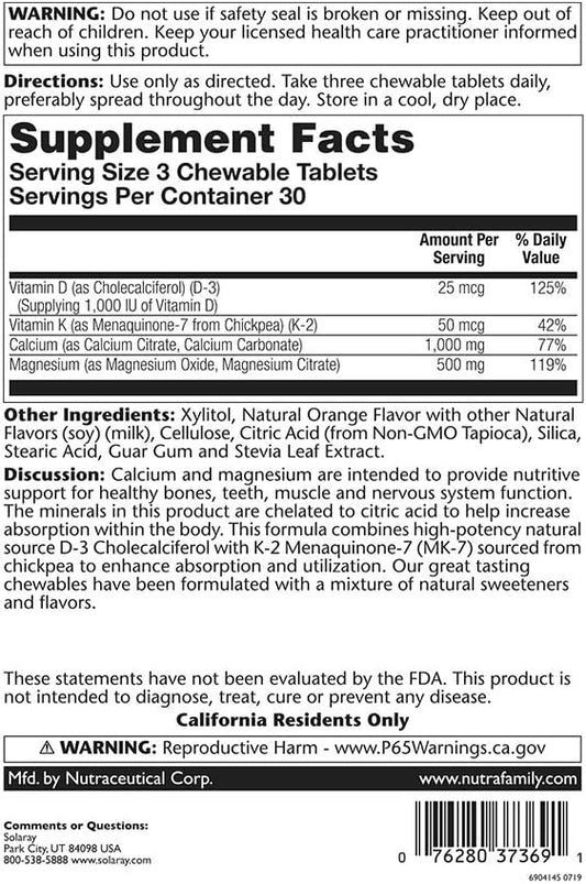 Solaray Cal-Mag Citrate Plus D-3 & K-2 Orange Chewables | 90 Count : Health & Household