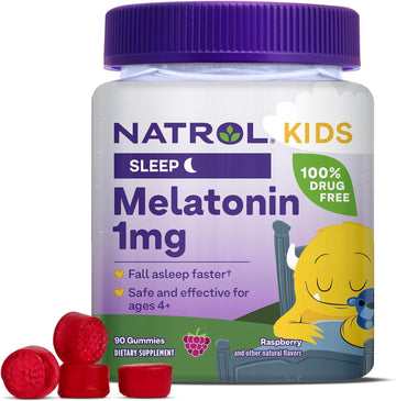 Natrol Kids Melatonin 1Mg, Supplement For Restful Sleep, Sleep Gummies For Children, 90 Raspberry-Flavored Melatonin Gummies, 90 Day Supply