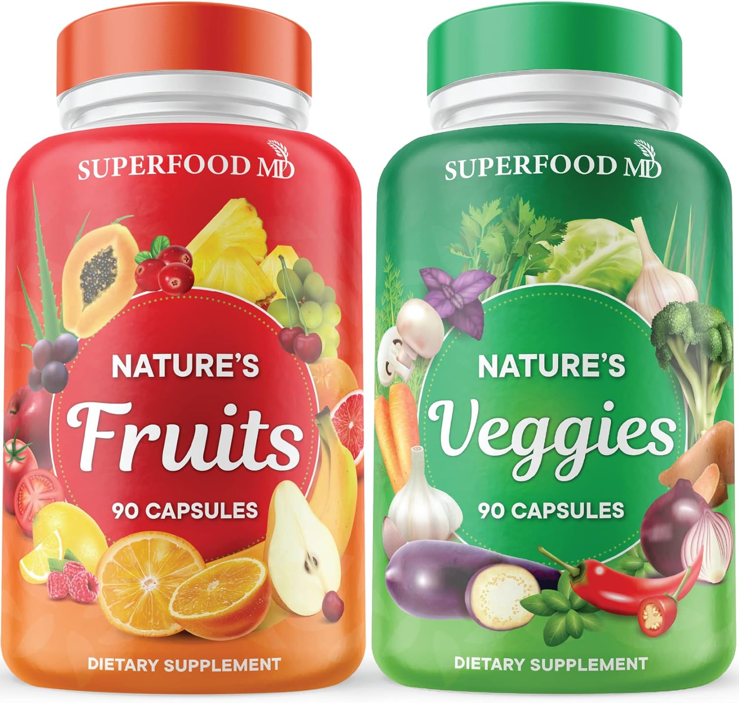Superfood MD Fruits and Veggies Supplement - 90 Fruit and 90 Veggie Capsules - Supports Energy Levels, High Lycopene, Vitamins & Minerals -Made in The USA - 90 Count (Pack of 2)