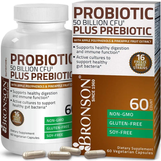 Probiotic 50 Billion Cfu + Prebiotic With Apple Polyphenols & Pineapple Fruit Extract + Vitamin A 10,000 Iu Premium Non-Gmo Formula