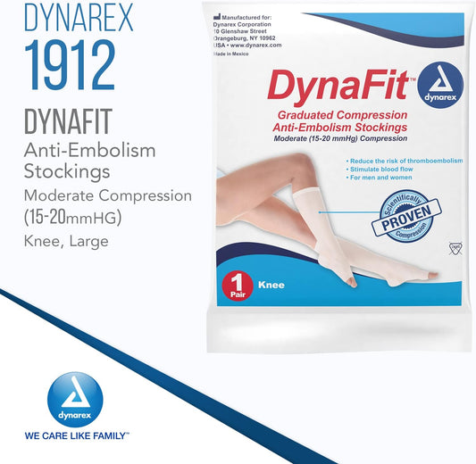 Dynarex Dynafit Compression Stockings Knee High, 15–20 Mmhg, Help Prevent Blood Clots, Relieve Pain & Varicose Veins, White, Large, 1 Case Of 60 Dynafit Compression Stockings Knee High (5 Boxes Of 12)