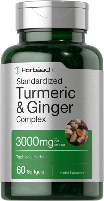 Horbäach Turmeric And Ginger Supplement 3000 Mg | 60 Softgel Capsules | Turmeric Curcumin Complex With Black Pepper Extract | Non-Gmo, Gluten Free