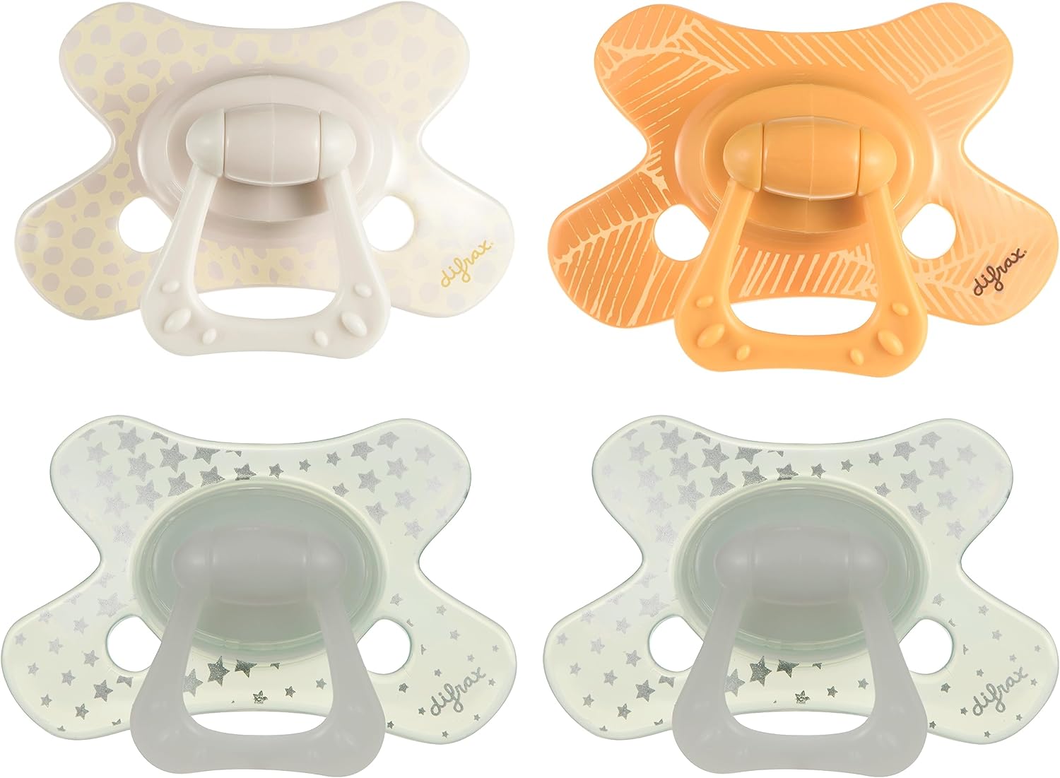 Difrax Dummy 12+ Months – Newborn Dummy With Silicone Nipple – Beige & Yellow + Glow In The Dark – 4 Pieces