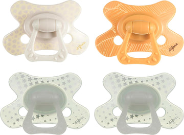 Difrax Dummy 12+ Months – Newborn Dummy With Silicone Nipple – Beige & Yellow + Glow In The Dark – 4 Pieces