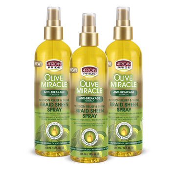 African Pride Olive Miracle Braid Sheen Spray (3 Pack) with tea tree oil and olive oil to protect and moisturize scalp and hair.12oz