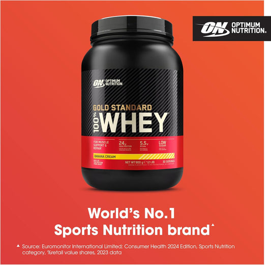 Optimum Nutrition Gold Standard 100% Whey Muscle Building And Recovery Protein Powder With Naturally Occurring Glutamine And Bcaa Amino Acids, Banana Cream Flavour, 30 Servings, 900 G