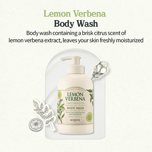 SKINFOOD Lemon Verbena Body Wash 450g - Soft and Rich Foam Cleanse Your Body, Leaves Skin Freshly Moisturized - Contains a Brisk Citrus Scent of Lemon Verbena Extract - Body Wash for Men & Women (15.2 fl.oz.)