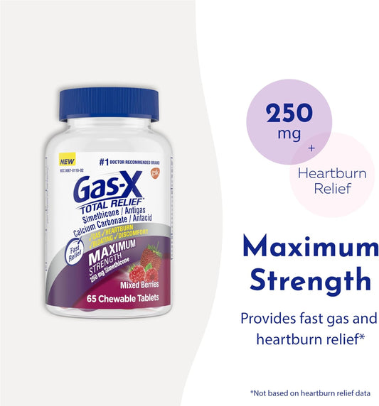 Gas-X Total Relief Chewable Tablets with Maximum Strength Gas Relief Simethicone 250 mg and Heartburn Relief Calcium Carbonate 750 mg, Bloating Relief, Mixed Berries - 65 Count