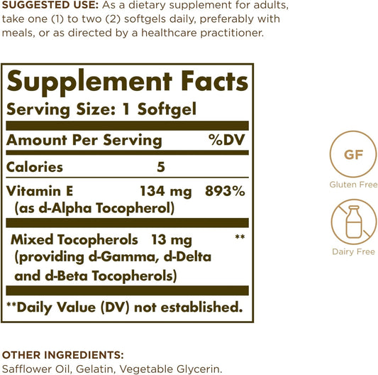 SOLGAR Vitamin E 200 IU - 100 Softgels - Natural Antioxidant, Immune System Support - Gluten Free, Dairy Free - 100 Servings