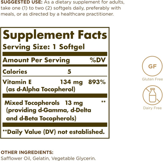 Solgar Vitamin E 200 Iu - 100 Softgels - Natural Antioxidant, Immune System Support - Gluten Free, Dairy Free - 100 Servings