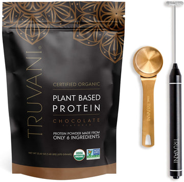 Truvani Vegan Chocolate Protein Powder With Frother & Scoop Bundle - 20G Of Organic Plant Based Protein Powder - Includes Portable Mini Electric Whisk & Durable Protein Powder Scoop