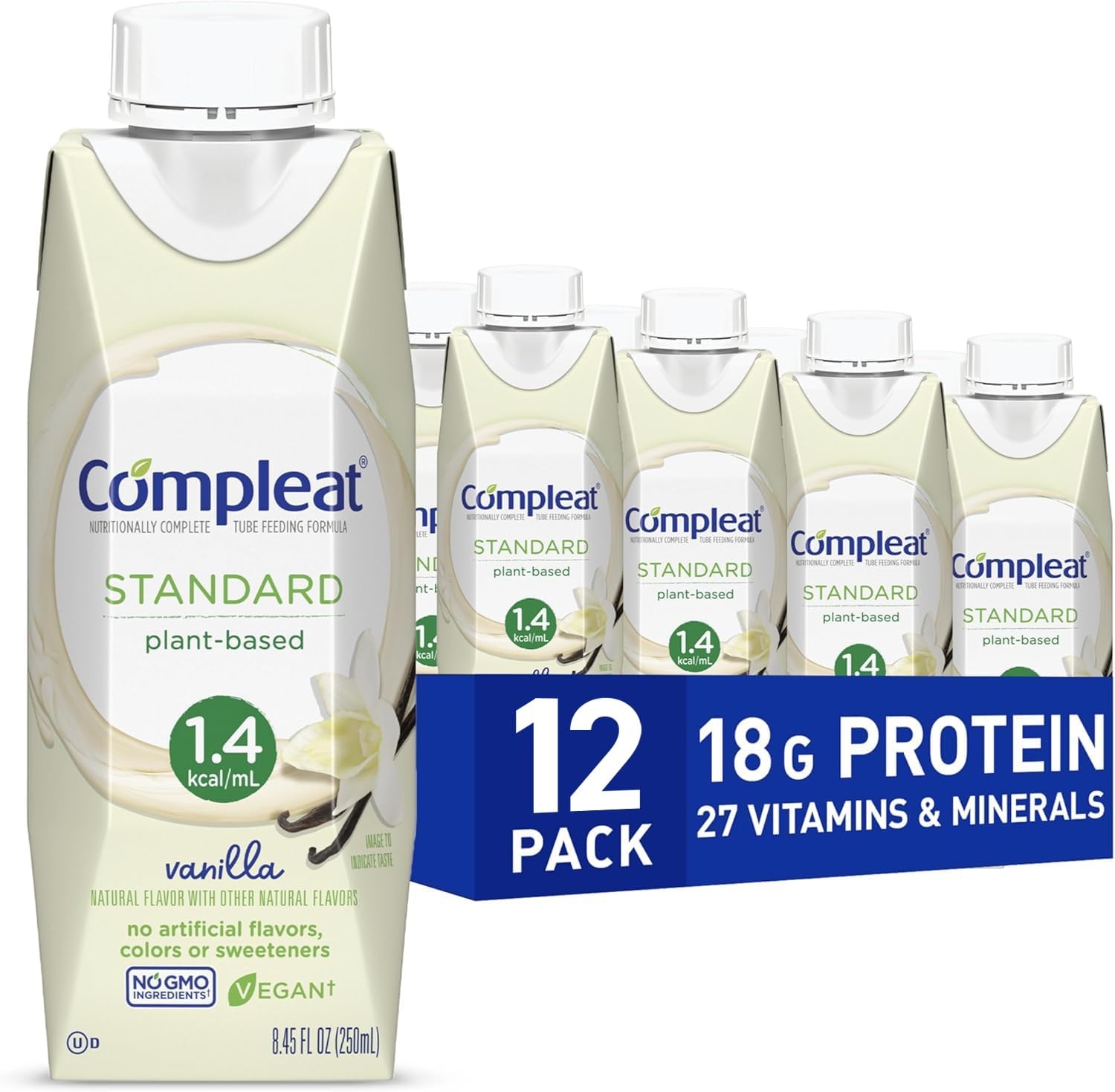 Compleat Standard 1.4 Plant-Based Vanilla Nutrition Shake - 18G Protein, 29 Vitamins & Minerals - Vegan Tube Feeding Formula - 8.45 Fl Oz (Pack Of 12)