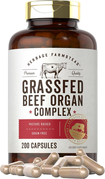 Carlyle Grass Fed Beef Organ Complex | 200 Capsules | Pasture Raised, Grain Free Supplement | with Desiccated Liver, Kidney, Pancreas, Heart, Spleen | Non-GMO, Gluten Free | by Herbage Farmstead
