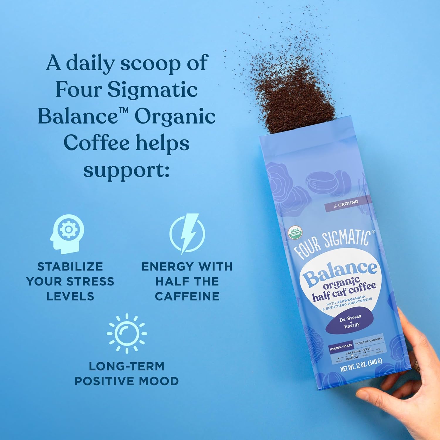 Four Sigmatic Organic Balance Adaptogen Ground Coffee | Medium Roast USDA Organic, Fair Trade Coffee with Ashwagandha, Chaga Mushroom, Eleuthero and Tulsi | Focus and Energy Boosting Coffee | 12oz Bag : Grocery & Gourmet Food