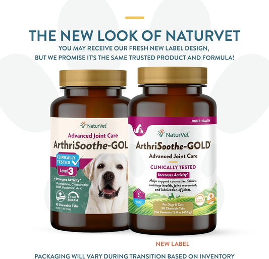 NaturVet – ArthriSoothe-GOLD – Level 3 Advanced Joint Care | Clinically Tested to Support Connective Tissue, Cartilage Health & Joint Movement | Enhanced with Glucosamine, MSM, Chondroitin & Green Lipped Mussel | For Dogs & Cats | 90 Chewable Tablets