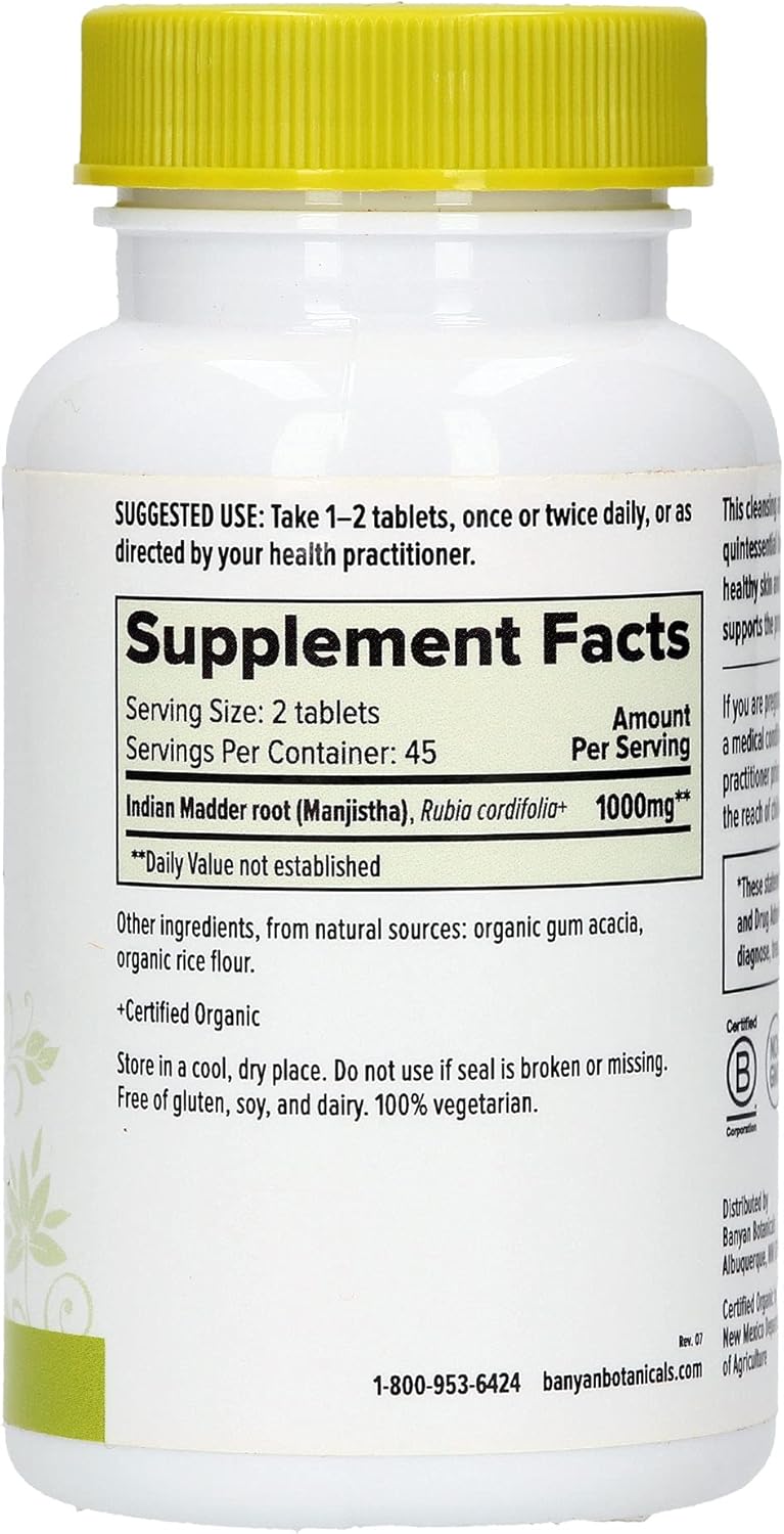 Banyan Botanicals Manjistha Tablets – Made from Pure Manjistha Powder – Organic Skin Supplement for Natural Blood Cleanse & Lymphatic System Support* – 90 Tablets – Non-GMO Sustainably Sourced Vegan