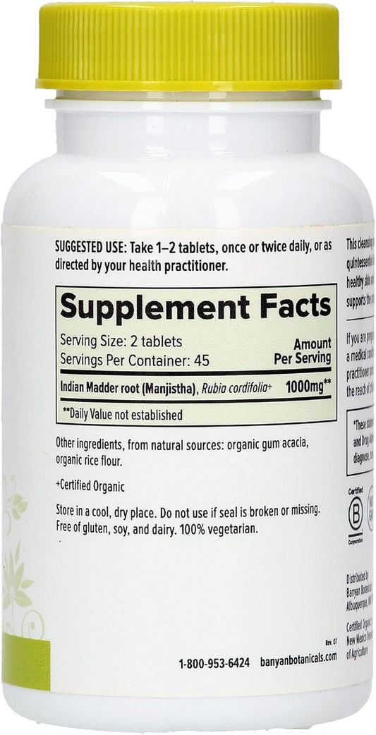 Banyan Botanicals Manjistha Tablets – Made from Pure Manjistha Powder – Organic Skin Supplement for Natural Blood Cleanse & Lymphatic System Support* – 90 Tablets – Non-GMO Sustainably Sourced Vegan