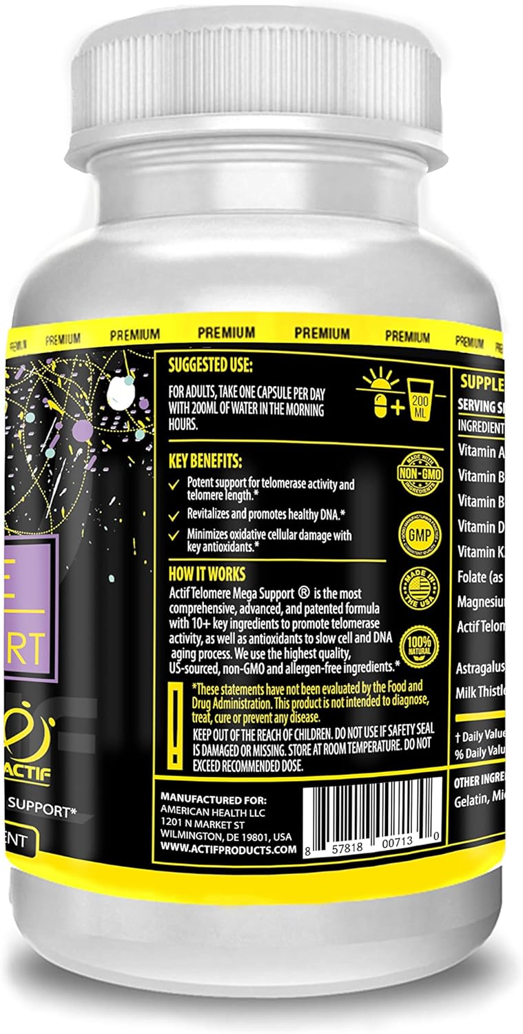 ACTIF Telomere Mega Support with 10+ Factors, Non-GMO, Telomerase and DNA Supplement for Energy, Memory and Anti-Aging, Made in USA, 60 Count : Health & Household