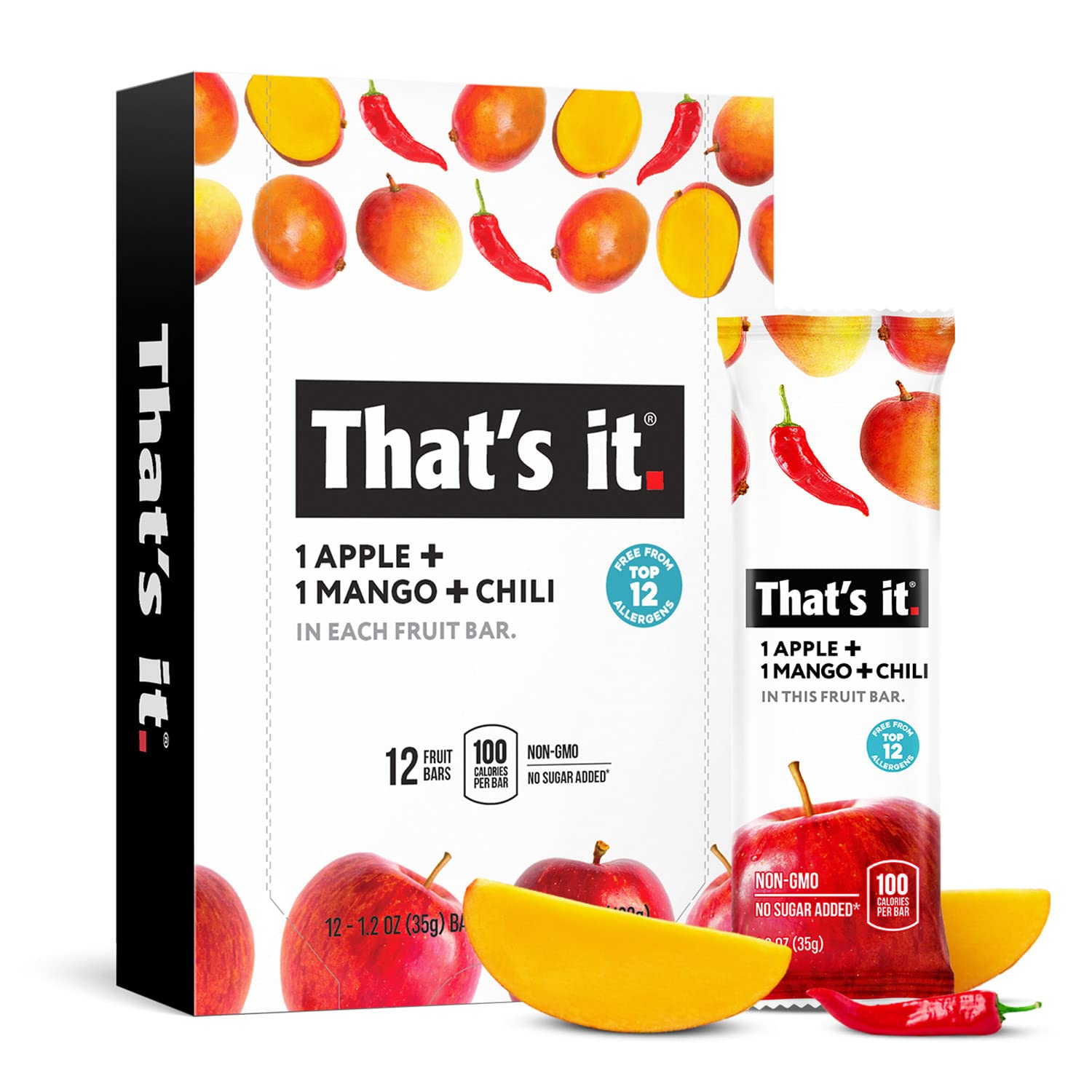 That'S It. Apple+Mango+Chili 100% Natural Great Tasting Real Dried Fruit Bar, Vegan, Gluten Free, Paleo, Kosher, Non Gmo, No Preservatives, No Added Sugar (12 Packs)