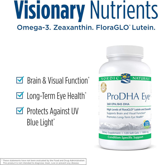 Nordic Naturals ProDHA Eye - Fish Oil, 360 mg EPA, 845 mg DHA, 20 mg FloraGLO Lutein, 4 mg Zeaxanthin, Support for Neurological Function and Long-Term Eye Health*, 120 Soft Gels