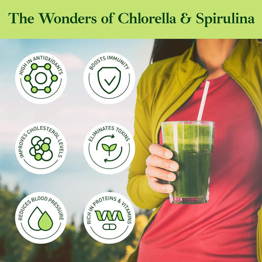 Premium Chlorella Spirulina Powder | 85 Servings | Non-GMO | Sunlight Grown | Deep Green Color | Cracked Cell Wall | Alkalyzing | High Protein | Vegan Organic Capsules | Mountain Water