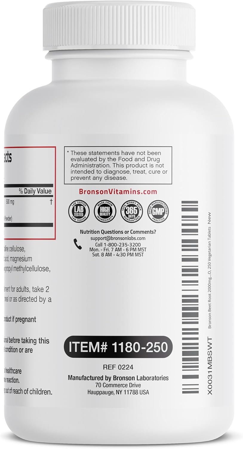 Bronson Beet Root Extra Strength (Equivalent to 2000mg Beet Root per Serving from 500mg 4:1 Extract), Non-GMO, 250 Vegetarian Tablets