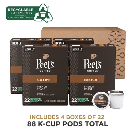 Peet's Coffee, Dark Roast K-Cup Pods for Keurig Brewers - French Roast 88 Count (4 Boxes of 22 K-Cup Pods)