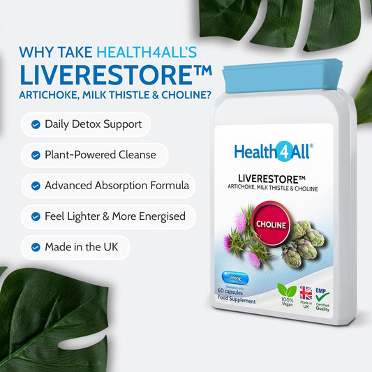 Health4All Liverestore Liver Cleanse Detox And Repair Capsules, Milk Thistle (80% Silymarin), Artichoke And Choline, 60 Capsules, Vegan Liver Health Support Supplement, 2 Month Supply | Made In Uk
