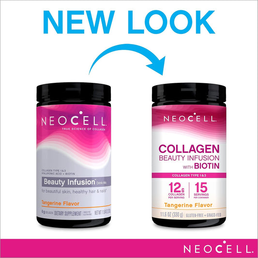 NeoCell Collagen Powder with Biotin, Vitamin C & Hyaluronic Acid, Collagen Type 1 & 3, Beauty Infusion Promotes Beautiful Skin, Healthy Hair & Nail, Gluten Free, Tangerine, 11.6