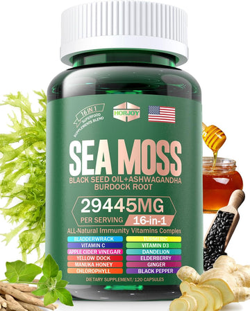 Sea Moss 12000Mg Black Seed Oil 6000Mg Ashwagandha 3000Mg Turmeric 1000Mg Bladderwrack 2000Mg Burdock 3000Mg & Vitamin C & D3 With Elderberry Manuka Yellow Dock Iodine Chlorophyll Acv.60 Days Supply