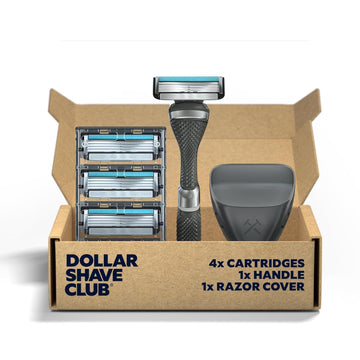 Dollar Shave Club - Shaving Kit With Diamond Grip Razor Handle, 4-Blade Blade Refills, & Blade Cover, Easy To Grip Handle, For Travel, Blue