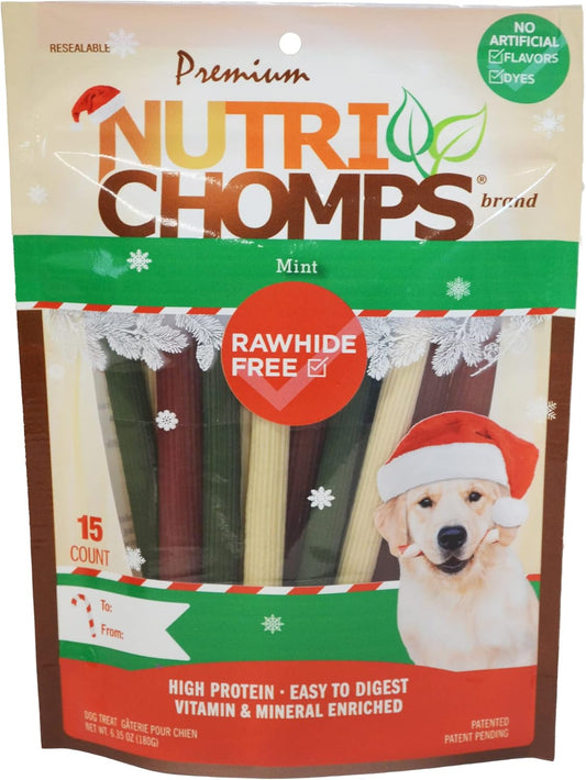 Nutrichomps Dog Chews, 5-Inch Holiday Sticks, Mint, 15 Count, Red/Green