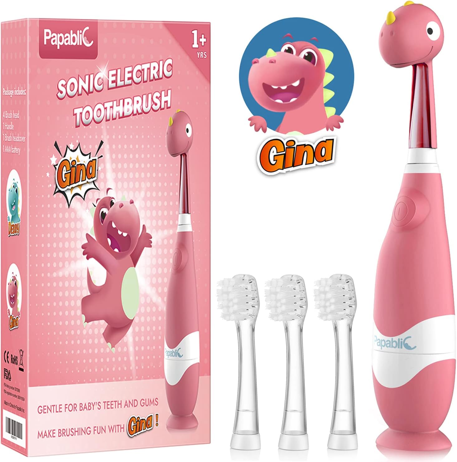 Papablic Toddler Sonic Electric Toothbrush for Ages 1-3 Years, Baby Electric Toothbrush with Cute Dino Cover and Smart LED Timer, 4 Brush Heads (Gina)