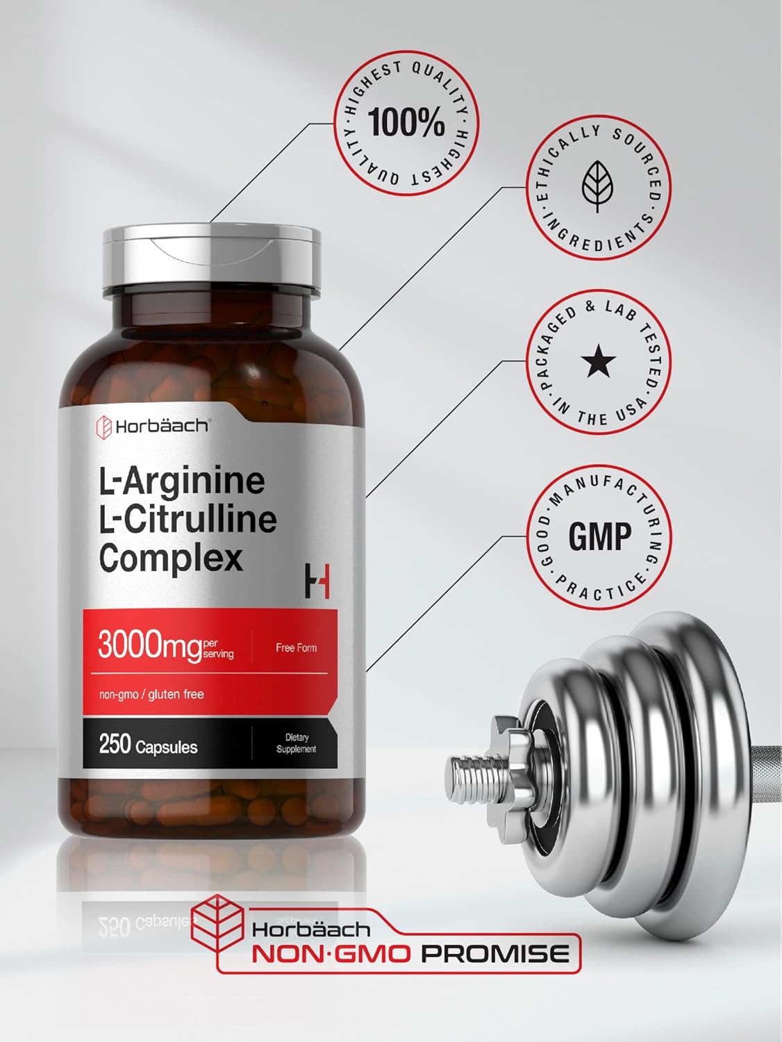 Horbäach L-Arginine L-Citrulline Complex | 3000mg | 250 Capsules | Non-GMO, Gluten Free Supplement : Health & Household