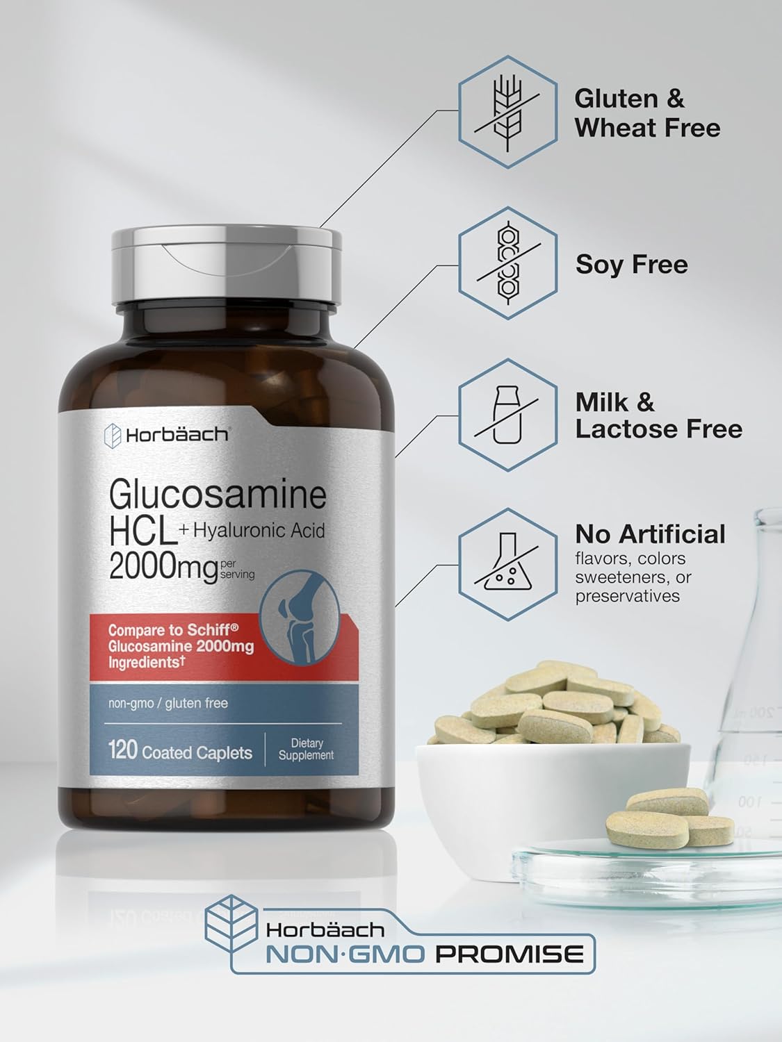 Horbäach Glucosamine HCL | with Hyaluronic Acid | 2000mg | 120 Coated Caplets | Non-GMO & Gluten Free Supplement : Health & Household