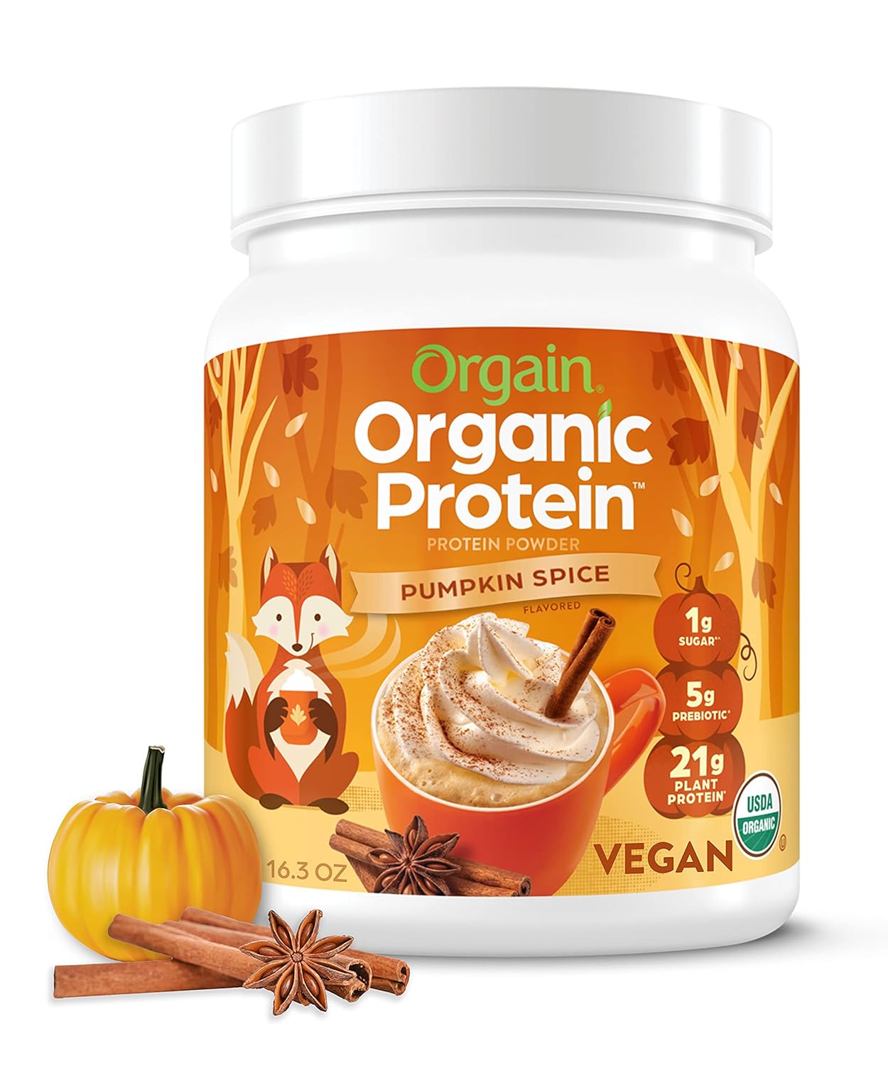 Orgain Organic Vegan Protein Powder, Pumpkin Spice Seasonal Flavor - 21G Of Plant Protein, 5G Prebiotic Fiber, No Lactose Ingredients, No Added Sugar, Non-Gmo, For Shakes & Smoothies, 1.02 Lb