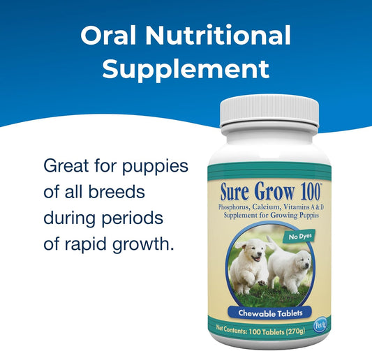 Pet-Ag Sure Grow 100 - Promotes Optimal Bone Development In Puppies Eight Weeks And Older - With Calcium, Phosphorus, And Vitamins A & D - 100 Chewable Tablets