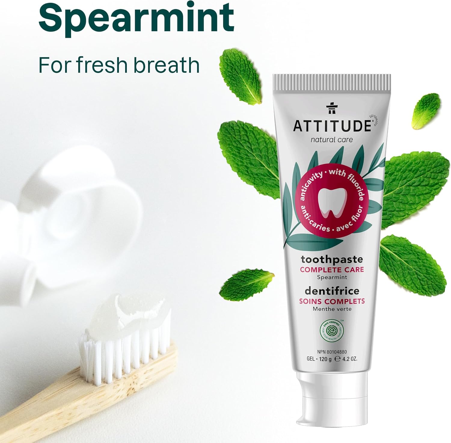 Attitude Whitening Toothpaste With Fluoride, Peppermint Flavor, Vegan & Cruelty-Free, Sugar-Free, Plant & Mineral-Based Ingredients, Clean Oral Care, 4.2 Oz