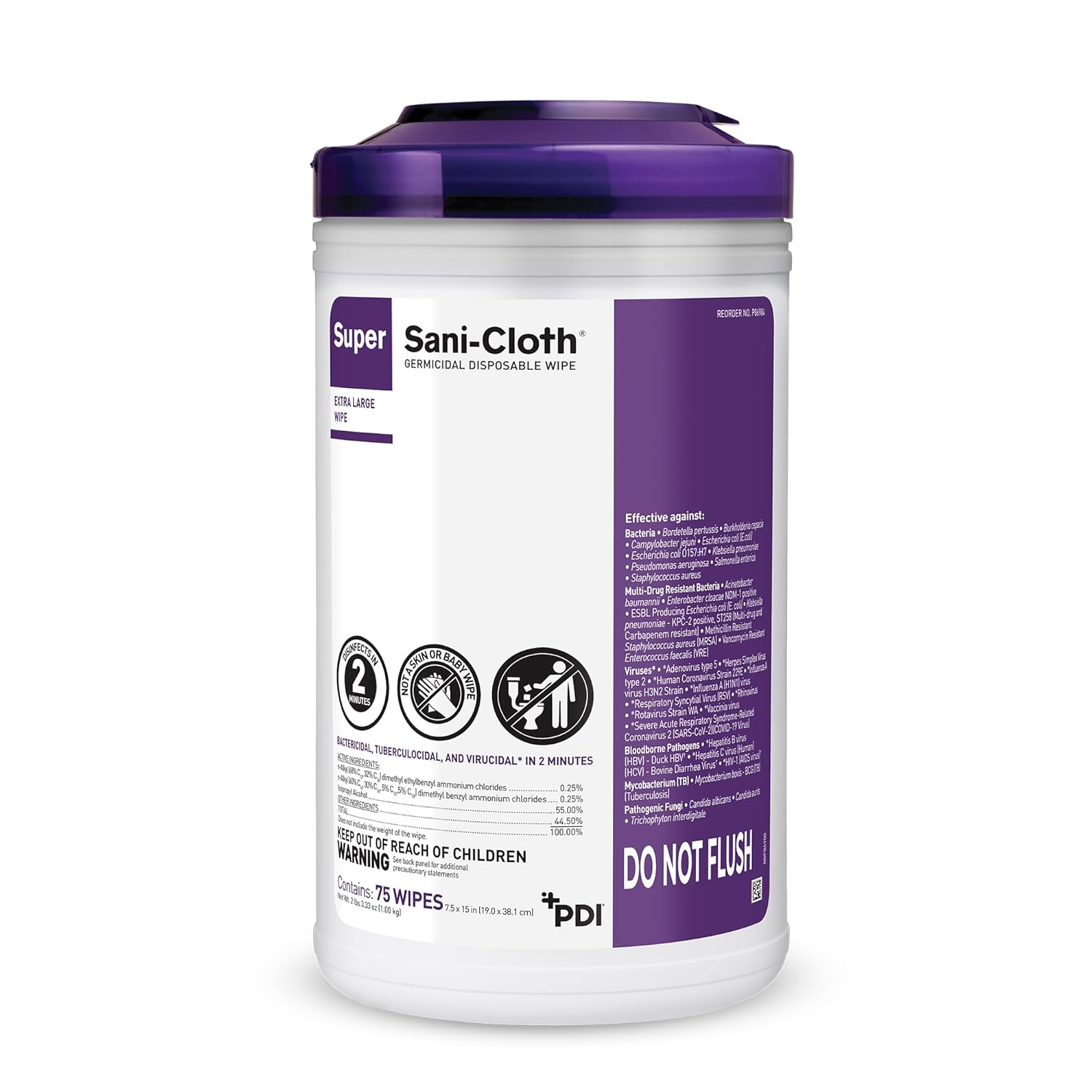 Super Sani- Cloth Germicidal Disposable Wipe, X-Large 5'' X 8'' Wipe, Pop Up Dispenser Of 65