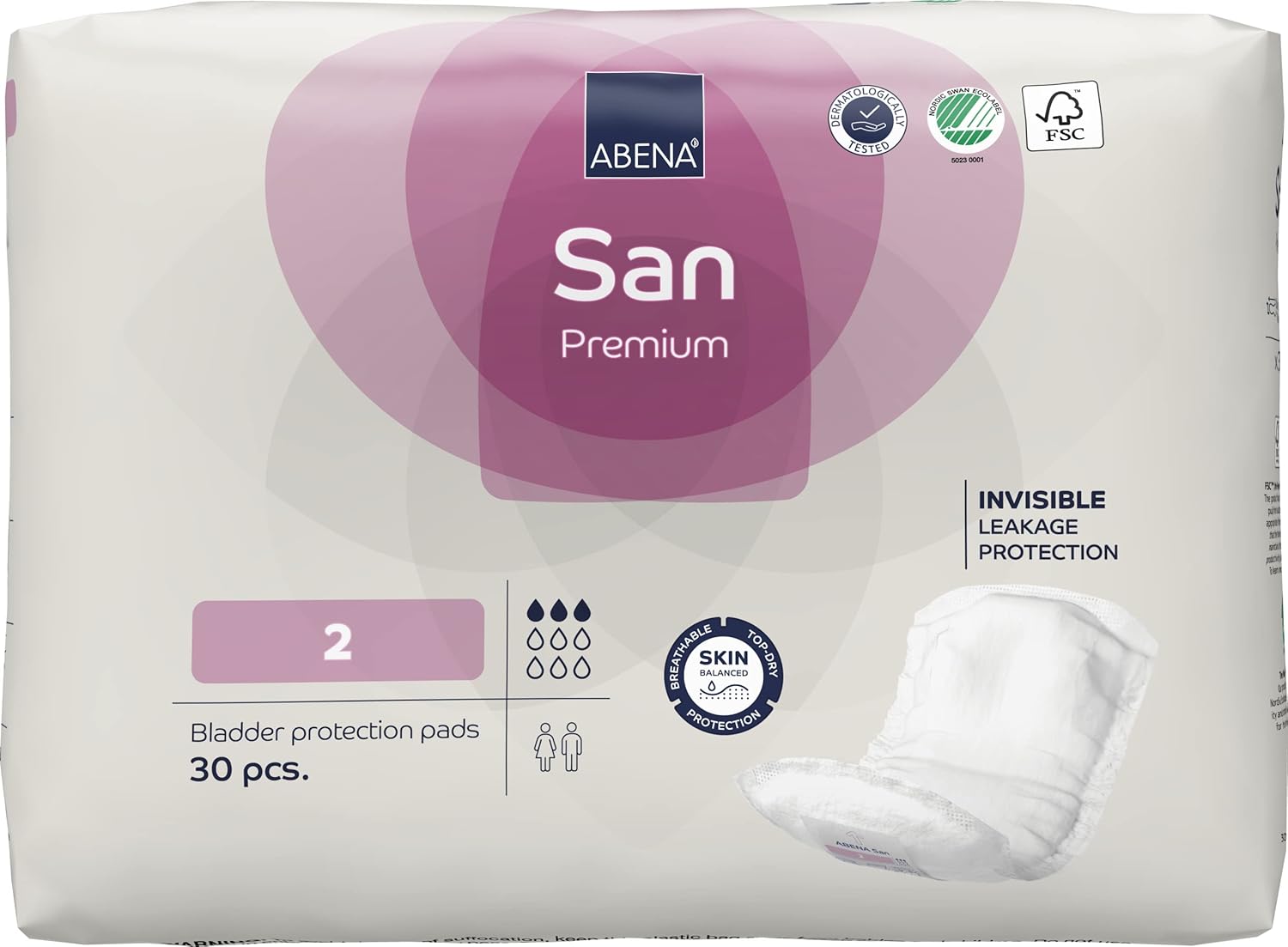 Abena San 2 Premium Incontinence Pads Women and Men | 350ml Absorbency | 30PK | Fast Absorbing Incontinence Pads, Discreet & Effective Shaped Incontinence Pads for Men and Women