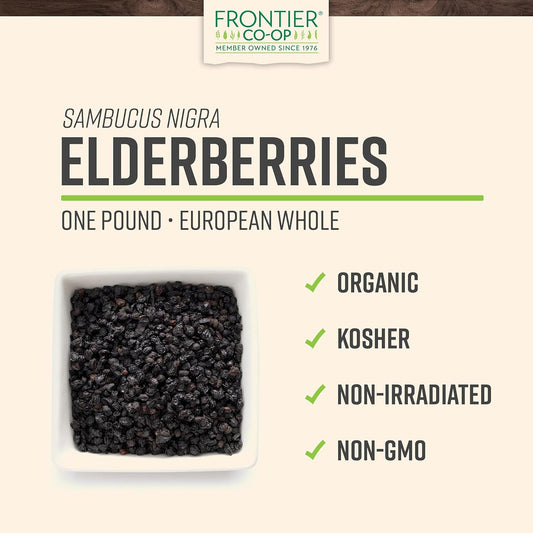 Frontier Co-Op Organic Dried Elderberries, 1Lb Bulk Bag, European Whole | Kosher And Non-Gmo Organic Elderberry Berries Dried, For Tea, Immune Support