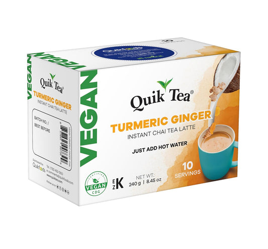 Quiktea Vegan Turmeric Ginger Chai Tea Latte Mix - 10 Count Single Box - All Natural, Non Gmo, Vegan Certified | Convenient & Easy Dairy Free Instant Chai Tea Mix | Healthy Coffee Alternative