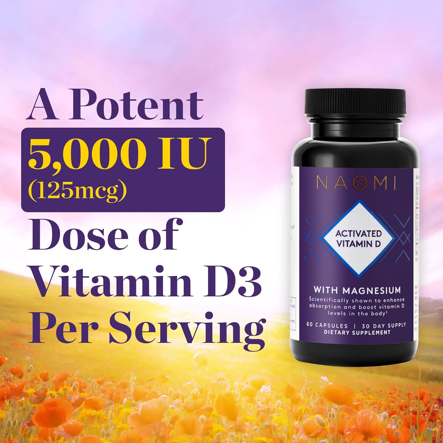 NAOMI Activated Vitamin D3 5000 IU (125 mcg) Supplement with Magnesium for Strong Bones, Teeth, Muscle, Immune and Mood Support, Non-GMO, Gluten Free, 60 Veggie Caps, 30 Day Supply : Health & Household