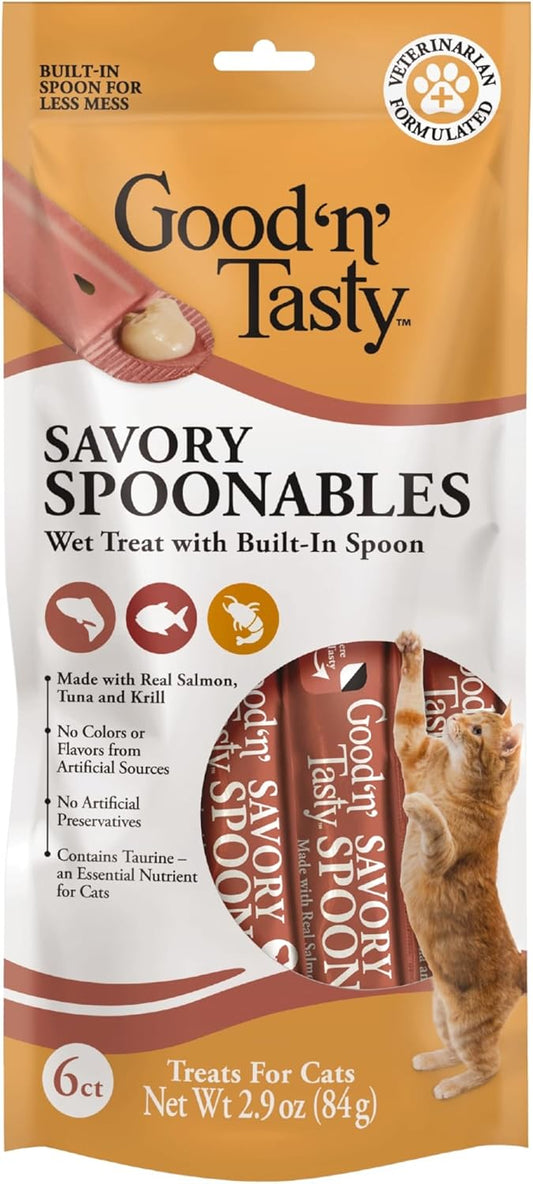 Good 'N' Tasty Savory Spoonables With Real Salmon, Tuna And Krill For Cats, 6 Count, Treat Your Cat To Triple Flavor Squeezable Lickable Wet Treats With Built-In Spoon For Less Mess