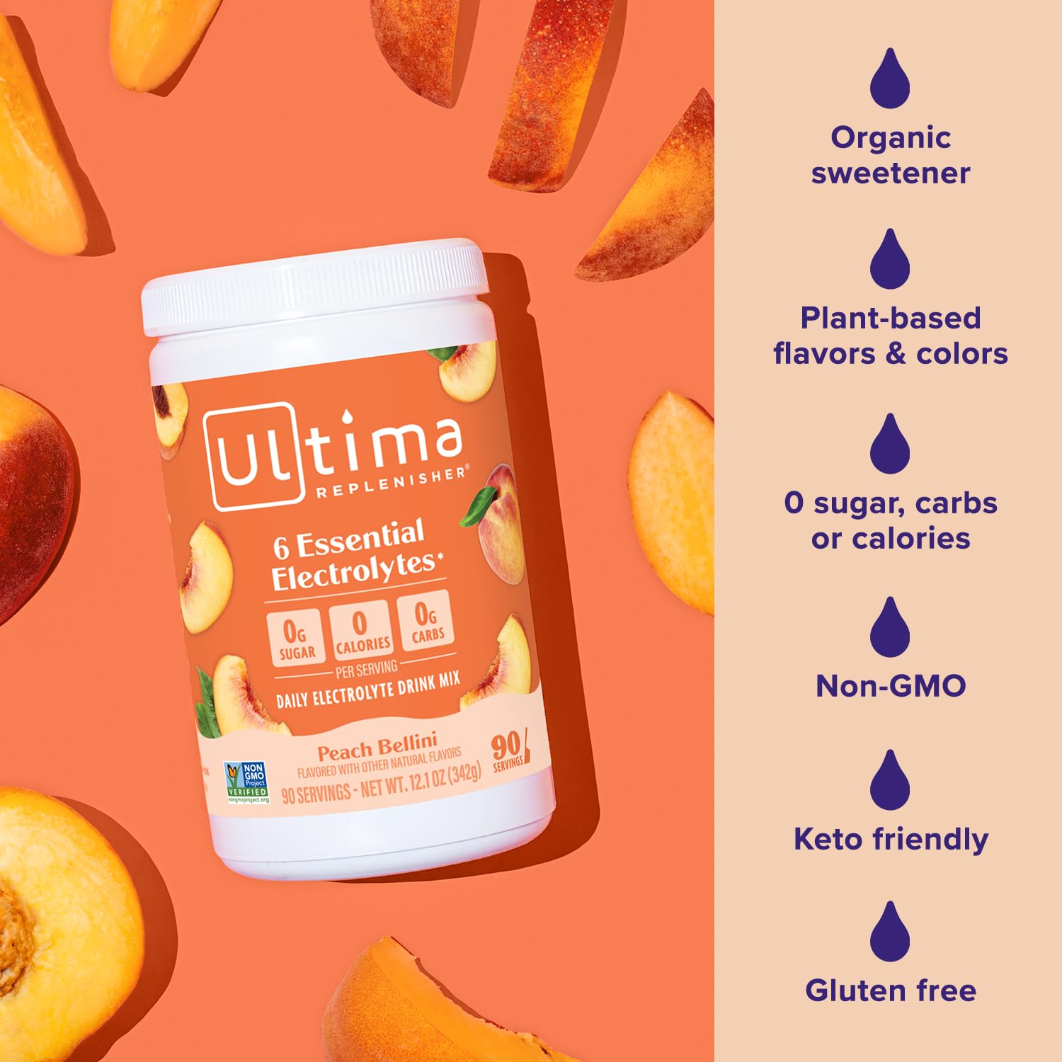 Ultima Replenisher Mocktini Electrolyte Drink Mix – Peach Bellini, 90 Servings – Hydration Powder with 6 Key Electrolytes & Trace Minerals – Keto Friendly, Non- GMO & Sugar-Free Electrolyte Powder : Health & Household