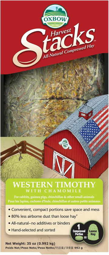 Oxbow Animal Health Harvest Hay Stacks - Western Timothy Hay With Chamomile - All Natural Hay For Rabbits, Guinea Pigs, Chinchillas, Hamsters & Gerbils - 35 Oz